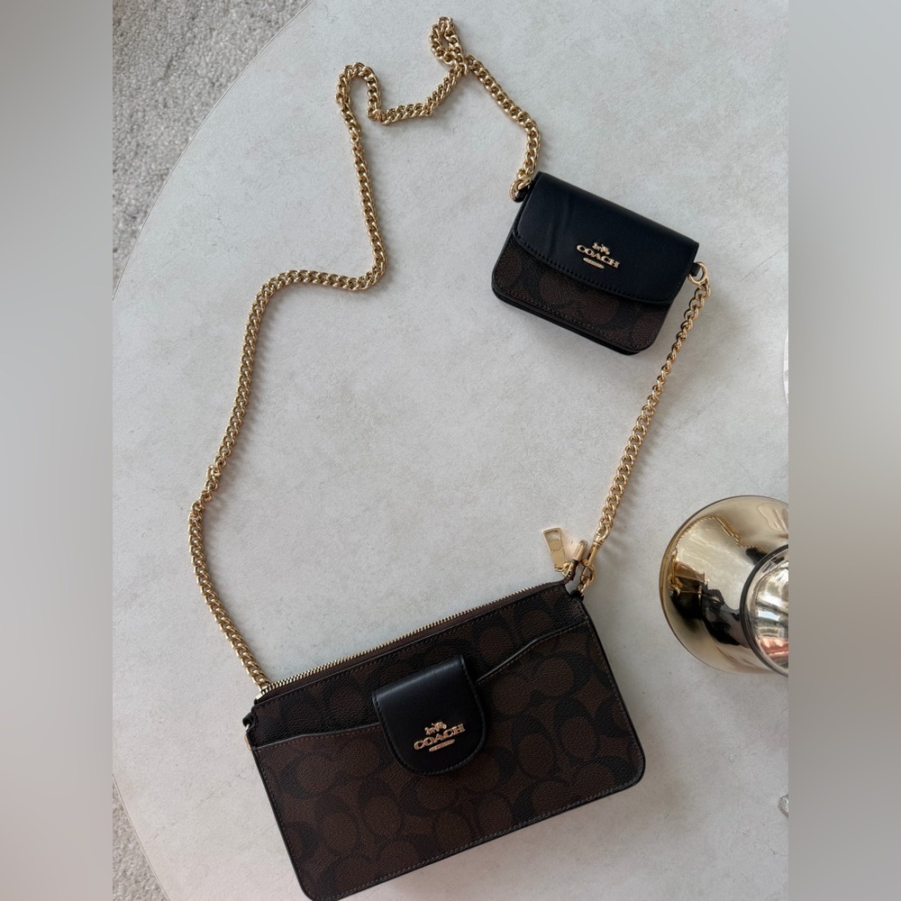 Coach Signature Brown and Black Crossbody Bag with Gold Chain